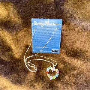 Sterling Creations Necklace Vintage Multicolored Stone Heart 18" Chain NEW